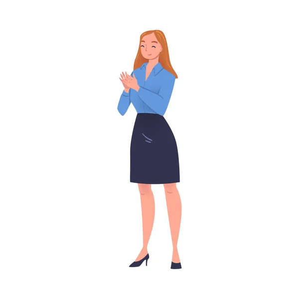 Smiling Woman Character Standing and Clapping His Hands as Applause and Ovation Gesture Vector Illustration — Stock Vector