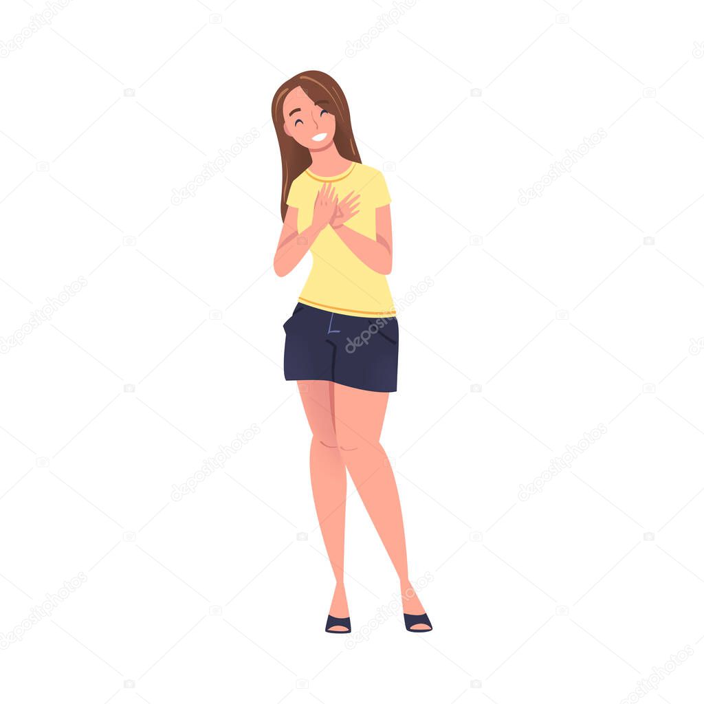 Smiling Woman Character Standing and Clapping His Hands as Applause and Ovation Gesture Vector Illustration