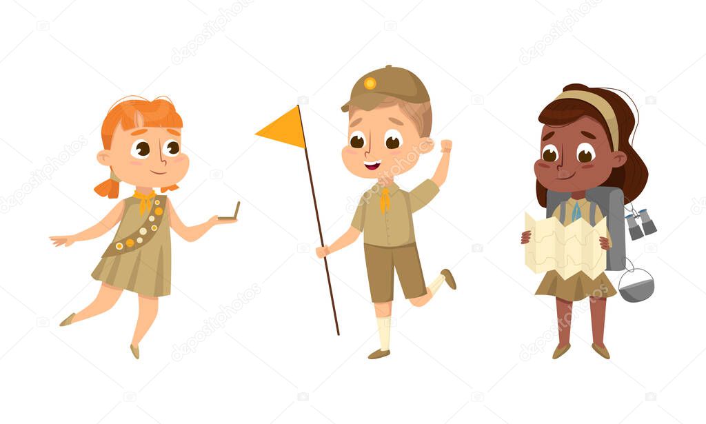 Scouting kids set. Cute little boy and girl scouts in uniform with camping equipment cartoon vector illustration