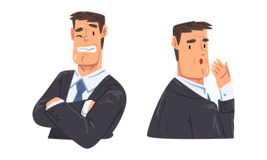 Çeşitli yüz ifadeleri olan iş adamı karakterleri. Sinsi ve sıkılmış sakallı erkek çalışan vektör çizimi