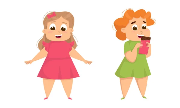 Děti s nadváhou jedí sladkosti. Roztomilé baculaté holky. Koncept dětské obezity kreslené vektorové ilustrace — Stockový vektor