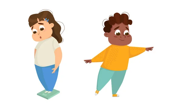 Carino ragazzo in sovrappeso ragazza. Bambini obesità concetto cartone animato vettoriale illustrazione — Vettoriale Stock