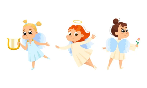Adorables angelitos. Chicas angelicales en vestidos blancos con alas ilustración vector de dibujos animados — Vector de stock