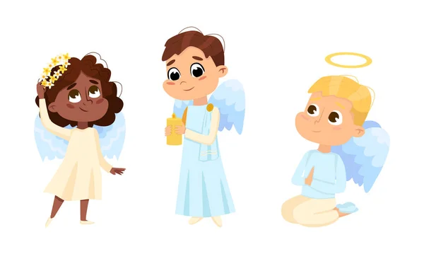 Cute lovely baby angels set. Angelic girl and boys with wings cartoon vector illustration — Stock Vector