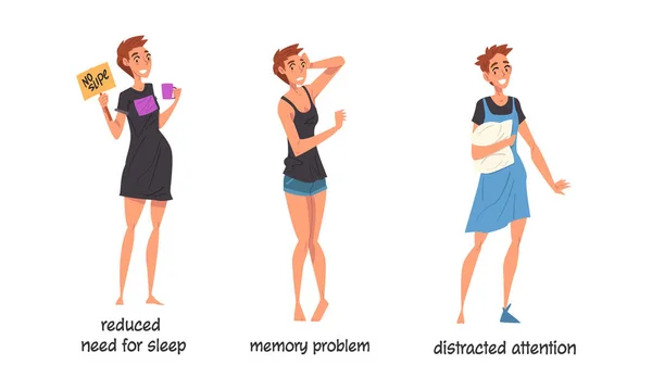 Eine Reihe von Symptomen bipolarer Störung. Geringeres Schlafbedürfnis, Gedächtnisprobleme, abgelenkte Aufmerksamkeit — Stockvektor