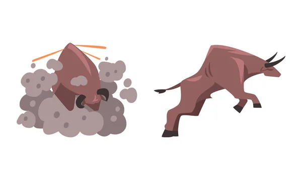 Aggressive furious bulls set. Powerful furious animals cartoon vector illustration — Stock Vector