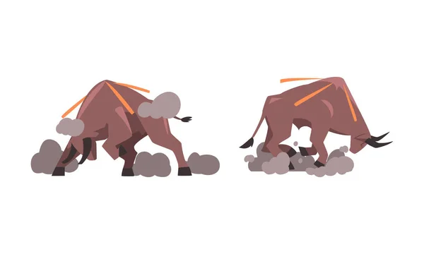 Raging bulls set. Furious aggressive powerful animal cartoon vector illustration — Stock Vector