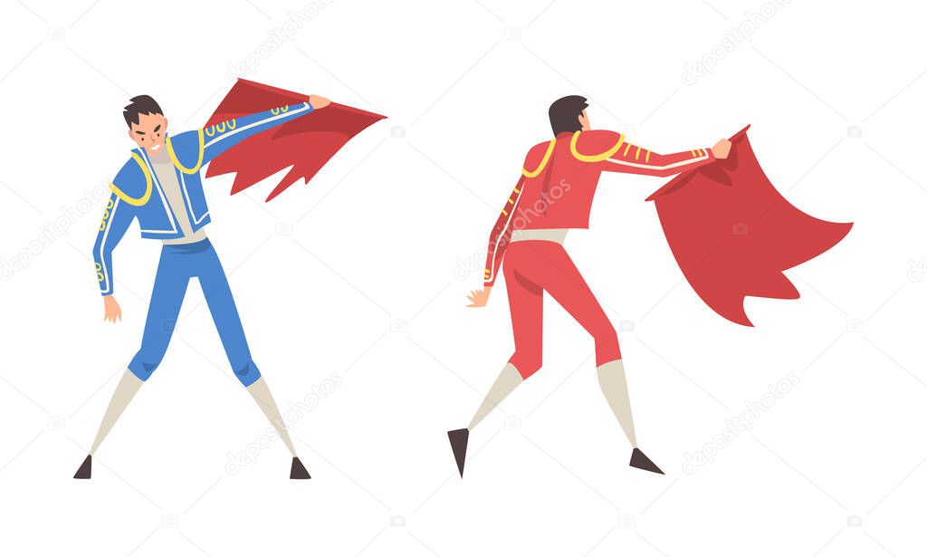 Toreadors set. Bullfighters in traditional costume with red cloth performing at Spanish corrida cartoon vector illustration