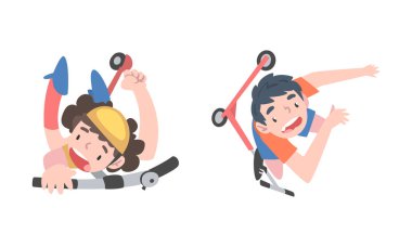 Tekme scooterlardan düşen çocukların beyaz arkaplanda izole edilmiş çizgi film vektör illüstrasyonuna yukarıdan bak.