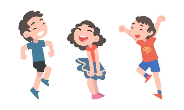 Funny Boys Girl Happily Jumping Set Cartoon Vector Illustration Isolated — Stock Vector