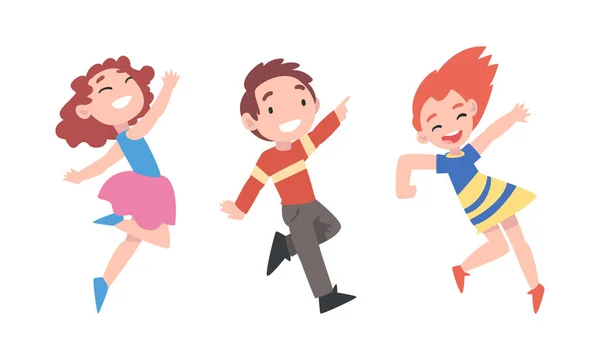 Happy Funny Boy Girls Jumping Having Fun Set Cartoon Vector — Stock Vector