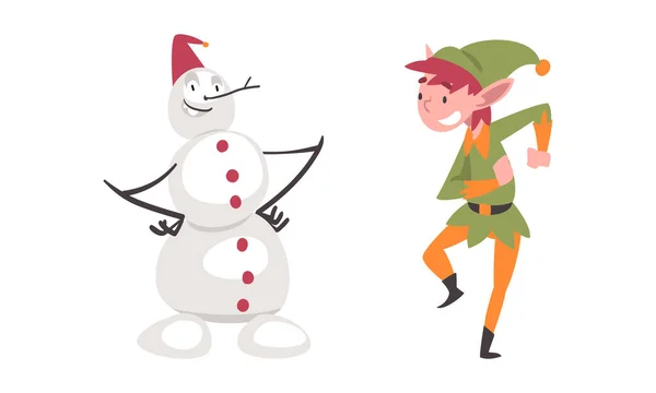 Lustige Schneemann Und Weihnachten Elf Charaktere Cartoon Vektor Illustration Isoliert — Stockvektor