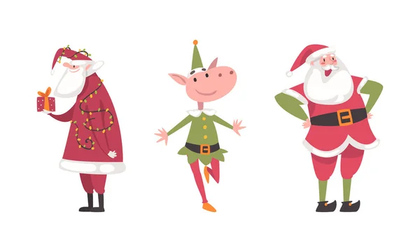 Papai Noel Natal Personagens Elfo Conjunto Cartoon Vetor Ilustração Isolado —  Vetores de Stock