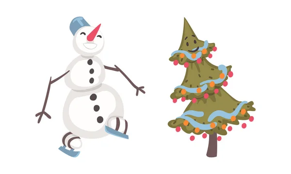 Drôle Personnage Bonhomme Neige Illustration Vectorielle Dessin Animé Arbre Noël — Image vectorielle