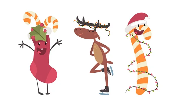 Zabawne Postacie Świąteczne Skarpetka Trzcina Cukrowa Słodkie Reniferów Wektor Ilustracji — Wektor stockowy