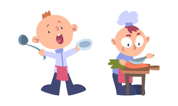 Cute Children Cooking Funny Little Boys Uniform Preparing Tasty Dishes — Stock Vector