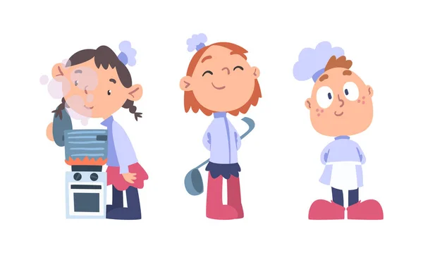 Chef Bambini Uniforme Cucina Gustosi Piatti Cartone Animato Vettoriale Illustrazione — Vettoriale Stock