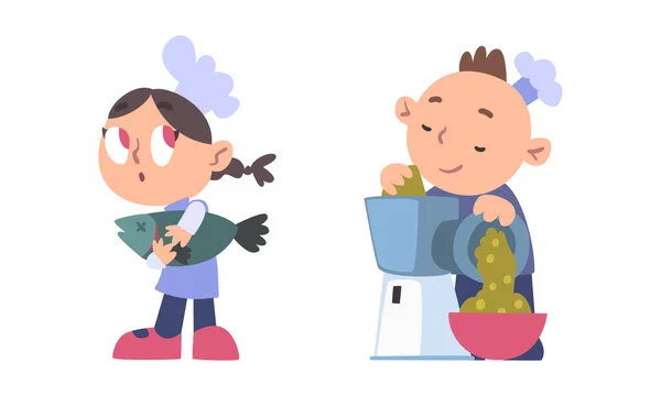 Смешные Дети Шеф Повара Варить Вкусные Блюда Кухне Векторные Иллюстрации — стоковый вектор