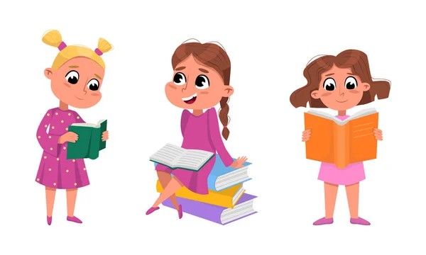 Niñas Aprendiendo Disfrutando Lectura Literatura Ilustración Vectorial Dibujos Animados Aislados — Vector de stock