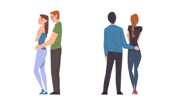 Des Couples Romantiques Amoureux Heureux Jeunes Embrasser Marcher Ensemble Illustration — Image vectorielle