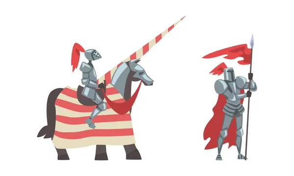 Średniowieczni Rycerze Kamizelkach Kuloodpornych Stojący Bronią Ilustracją Wektora Flagi Odizolowani — Wektor stockowy