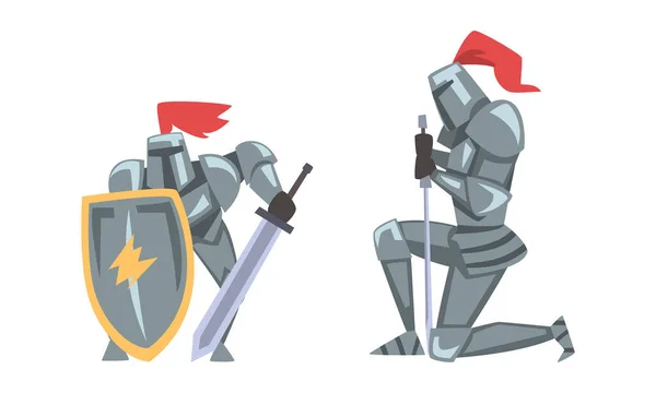 Cavalieri Medievali Armature Corpo Pieno Che Combattono Con Spada Piedi — Vettoriale Stock
