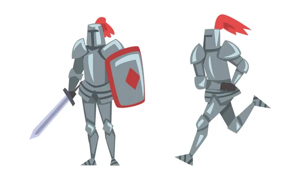 Medieval Armored Knights Battle Actions Vector Illustration Isolated White Background — Stock Vector