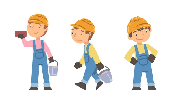 Kid Builders Working Construction Tools Set Boys Overalls Safety Hard — Stock Vector