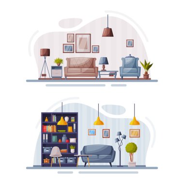 Mobilya ve ev dekorasyonu aksesuarlarıyla modern konforlu oda içleri vektör illüstrasyonunu ayarlar