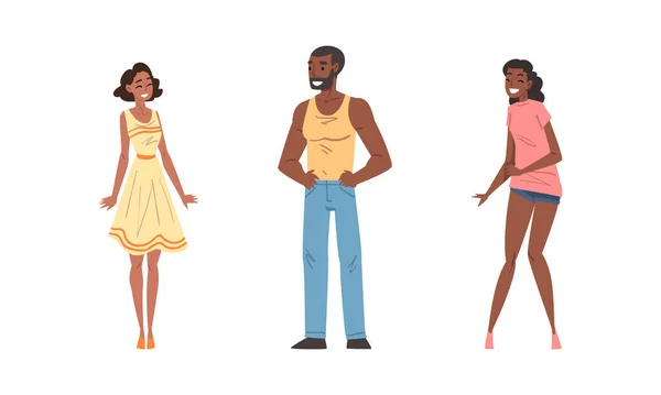 Jovens sorridentes alegres no verão conjunto de roupas casuais desenho animado vector illustratio — Vetor de Stock