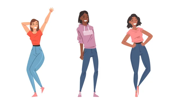 Happy sorrindo meninas em conjunto de roupa casual desenho animado ilustração vetorial — Vetor de Stock