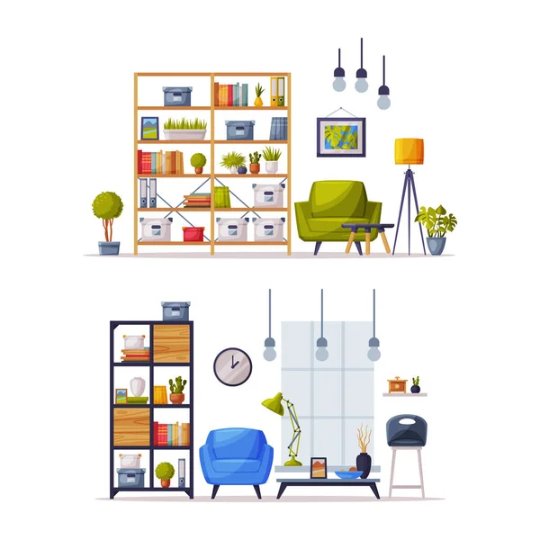 Ensemble d'intérieurs d'appartement confortable. Chambre avec mobilier confortable et éléments de décoration pour la maison illustration vectorielle — Image vectorielle