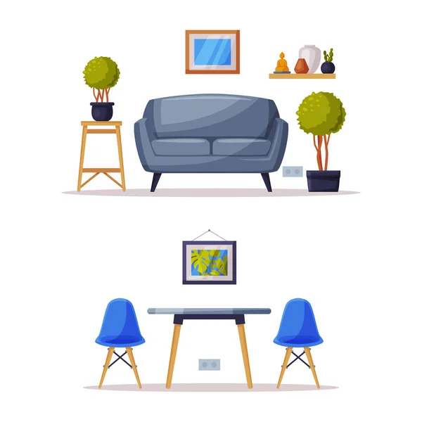 Comfy furniture and home decor elements for cozy room interior. Sofa, coffee table and chairs vector illustration — Stock Vector