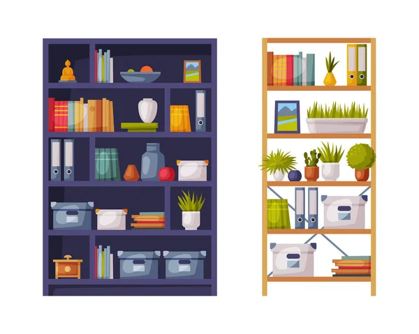 木制书柜。家用或办公室内矢量插图家具 — 图库矢量图片