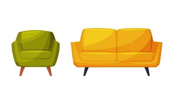 Sárga kanapé és zöld klasszikus fotel, bútor hangulatos szoba belső vektor illusztráció — Stock Vector