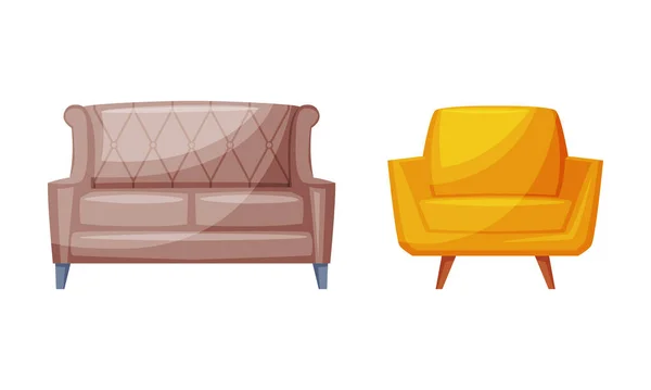 Brown sofa and yellow classic armchair, furniture for cozy room interior vector illustration — Stock Vector