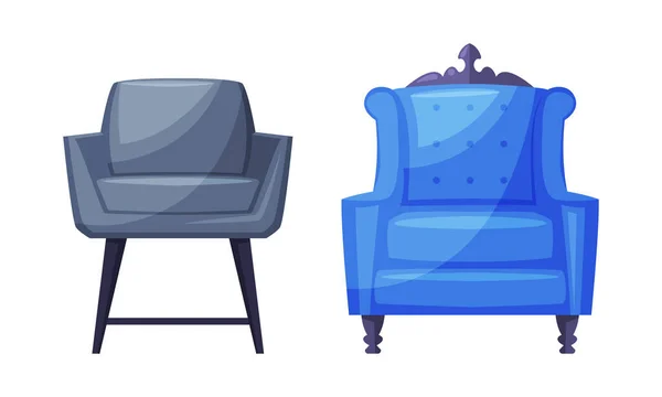 Klasszikus és modern fotelek készlet, bútor hangulatos szoba belső vektor illusztráció — Stock Vector