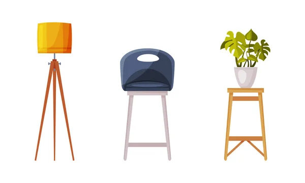 Háztartási növények faállványon, padlólámpa és székvektor illusztráció — Stock Vector