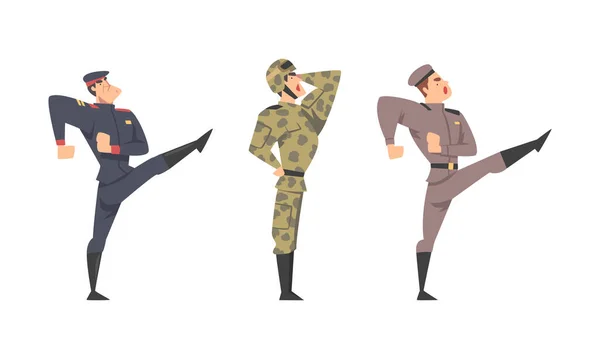 Soldados del ejército en uniforme de combate saludando y marchando ilustración vector de dibujos animados — Vector de stock