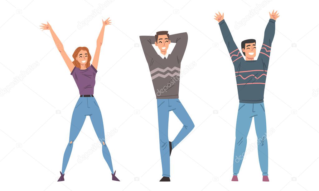 Happy cheerful young people in casual outfit standing and raising hands set cartoon vector illustration