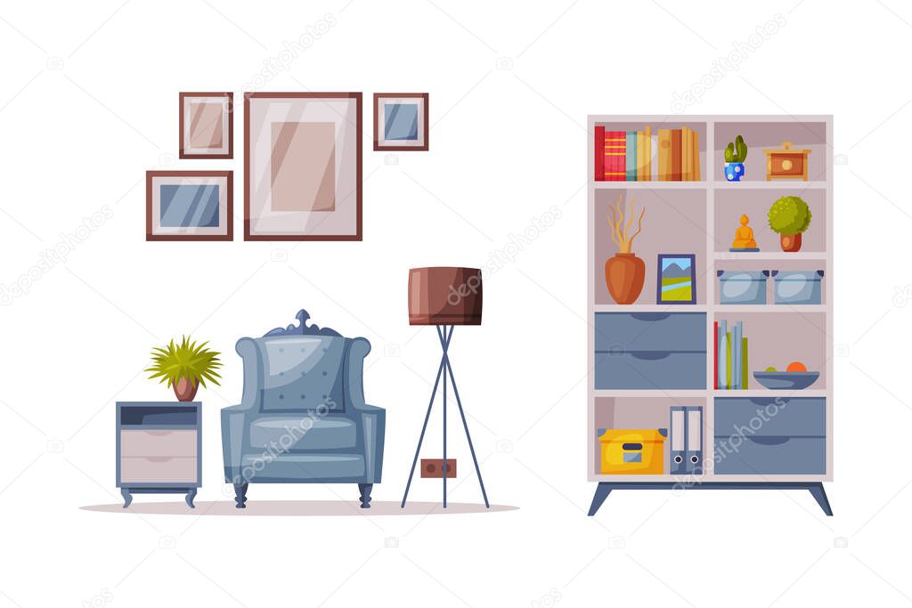 Comfy furniture and home decor elements for cozy room interior. Armchair, bookcase and home decor elements vector illustration