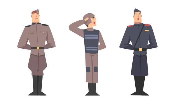 Conjunto de soldados del ejército en uniforme militar ilustración vectorial de dibujos animados — Vector de stock