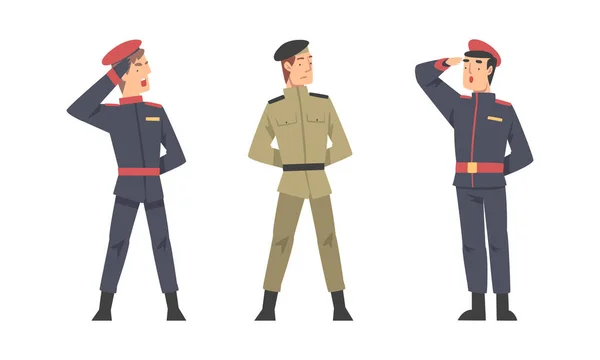Armata militară soldat și ofițer în uniformă set desene animate vector ilustrație — Vector de stoc