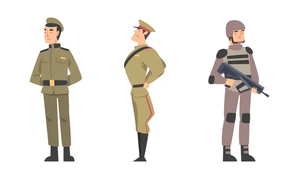 Army soldiers in camouflage combat uniform set cartoon vector illustration — Stock Vector