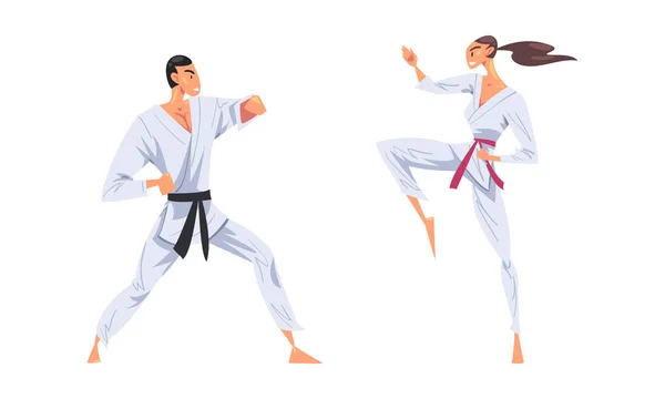 Persone in kimono praticare karate arti marziali cartone animato vettoriale illustrazione — Vettoriale Stock