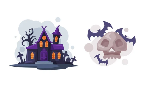 Děsivý gotický dům a létající netopýři. Čarodějnictví atributy, halloween objekty kreslené vektorové ilustrace — Stockový vektor