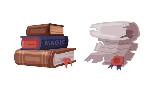 Rolagem de papel antiga e pilha de livros de magia. Atributos de bruxaria, objetos de Halloween ilustração vetorial de desenhos animados — Vetor de Stock