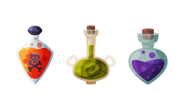 Botellas de vidrio de pociones líquidas mágicas para transformaciones, atributos de brujería ilustración vectorial de dibujos animados — Vector de stock