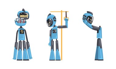 Modern robotlar hazır. Arkadaş canlısı sibernetik kişisel asistan. Yapay zeka, bilimsel yenilik teknolojileri karikatür vektör çizimi