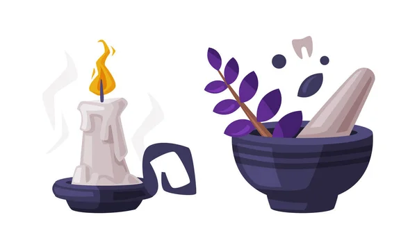Πηλός με βότανα, γουδοχέρι και αναμμένο κερί, μαγεία χαρακτηριστικά εικονογράφηση φορέα κινουμένων σχεδίων — Διανυσματικό Αρχείο